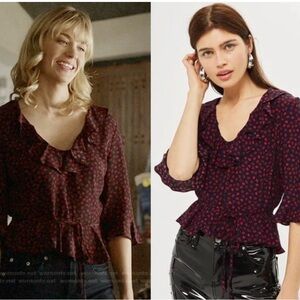 Topshop Burgundy Ruffle-Trim Floral Blouse